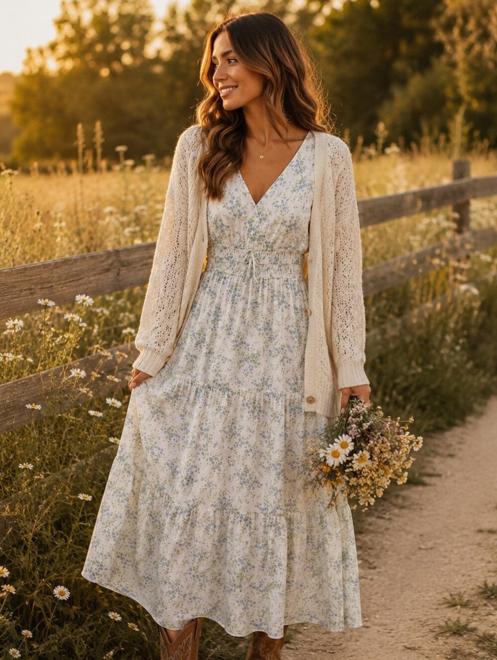 Floral Cottagecore Coquette Boho Western Maxi Dress with Smocked Waist - M - Picture 12 of 12